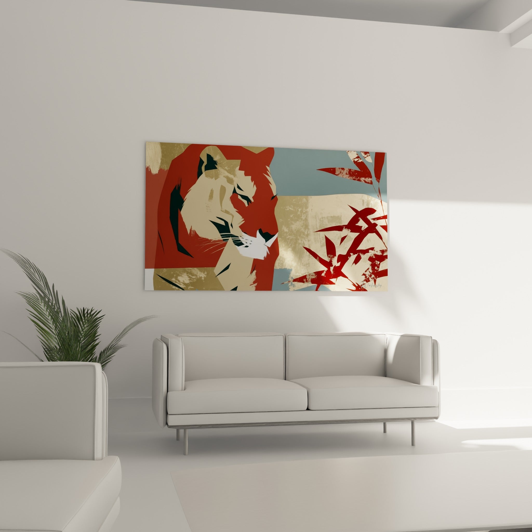 Profil de tigre en composition anthracite et bleu ardoise, placé au-dessus d'un canapé dans un salon lumineux