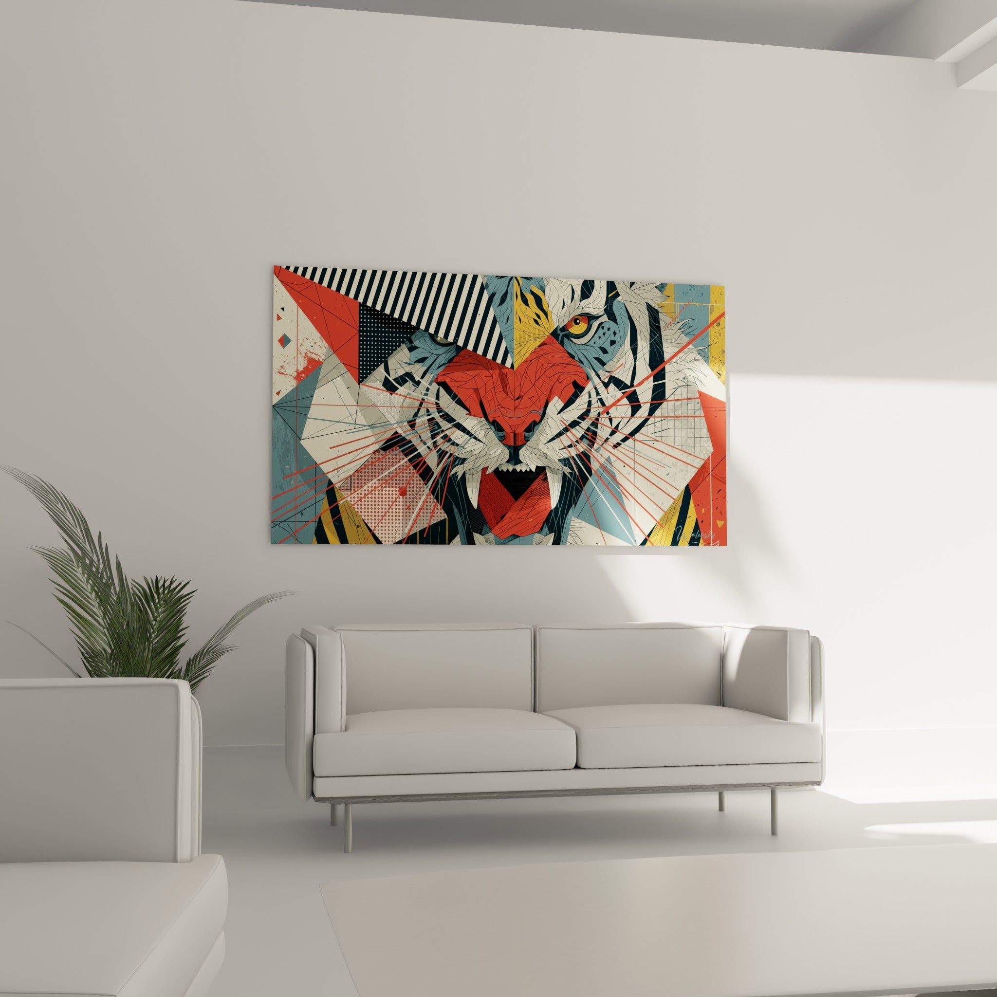 Gueule ouverte rouge vif et pelage bleu marine du tigre stylisé, au-dessus d'un canapé dans un salon lumineux