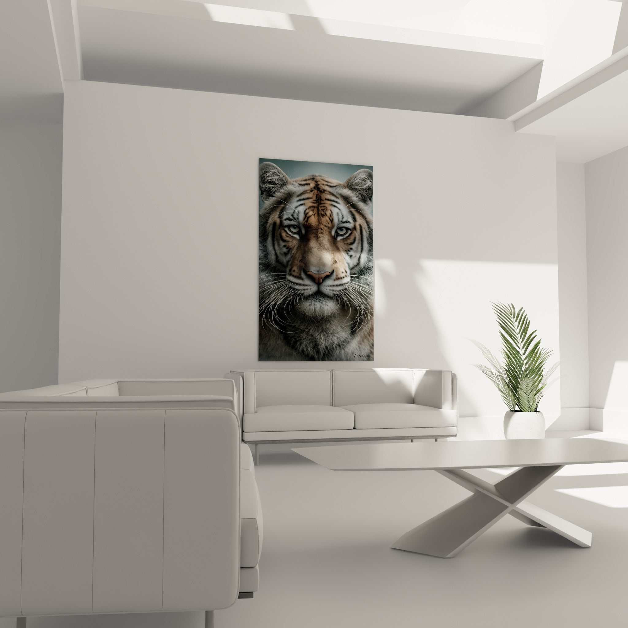 Félin anthracite et ocre aux yeux perçants, au-dessus d'un canapé dans un salon lumineux.
