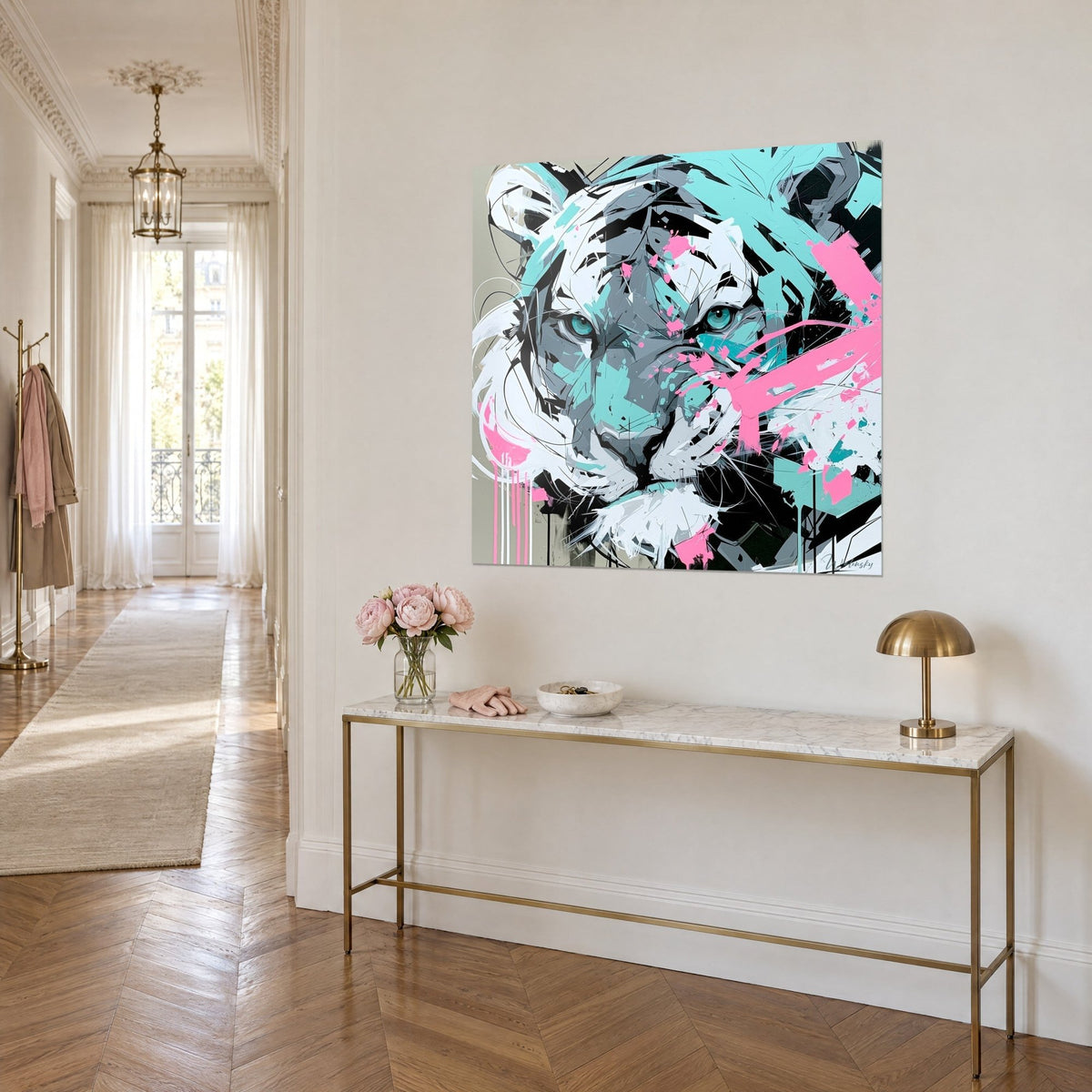 Wall art of a wild cat with black stripes and turquoise patches, vivid pink streaks, hung above a gilded Haussmann-style console