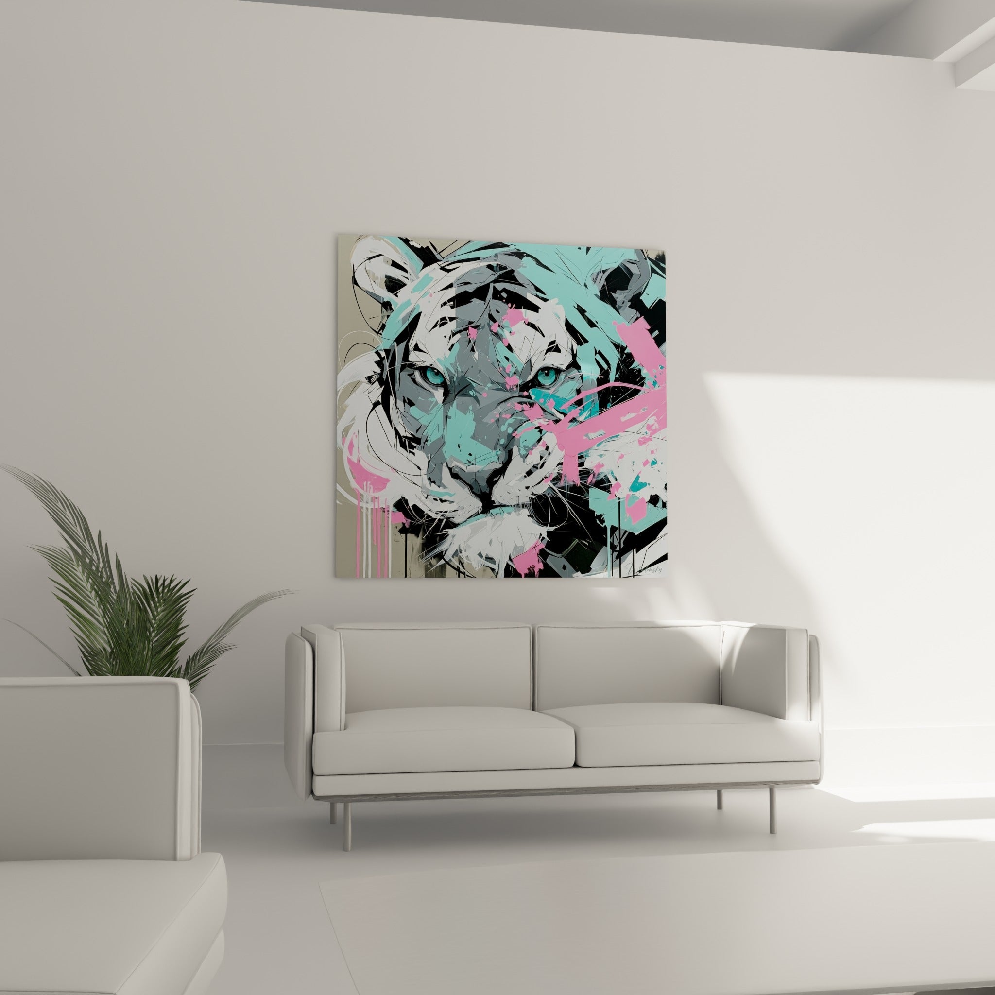 Fauve anthracite et turquoise éclaboussé de peinture rose, au-dessus d'un canapé dans un salon lumineux