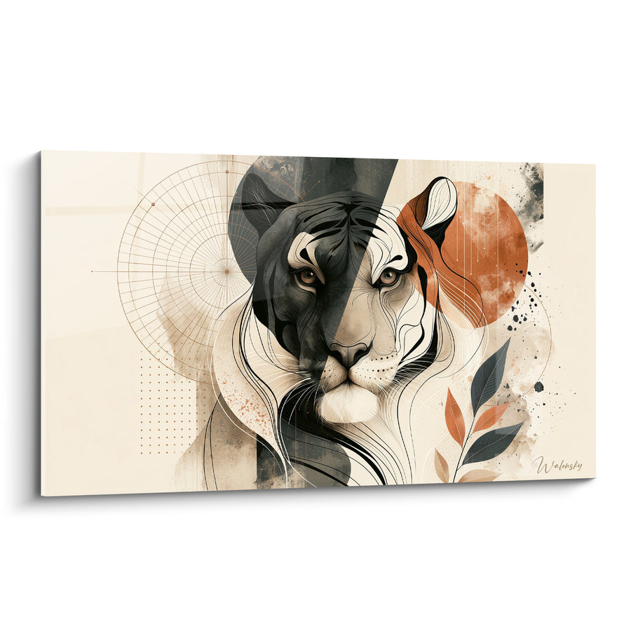 Tableau Tigre anthracite et terracotta au trait graphique - Dualité contemplative - Edition Tigre
