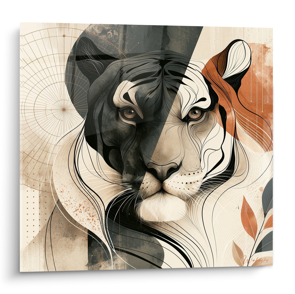 Tigre au visage scindé entre anthracite et crème, œil doré perçant, bande terracotta sur l'oreille
