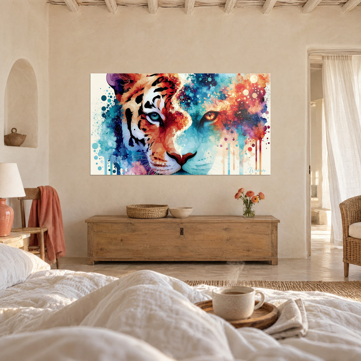 Tableau portrait de tigre aux yeux turquoise et ambre, éclats rouge corail et cobalt, au-dessus d'un lit dans une chambre claire