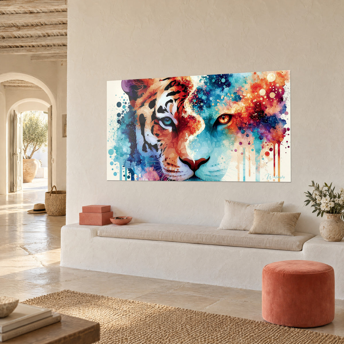 Tableau félin rayé moitié tigre orangé, moitié panthère turquoise, gouttes rouges coulantes, dans une pièce voûtée aux murs crème