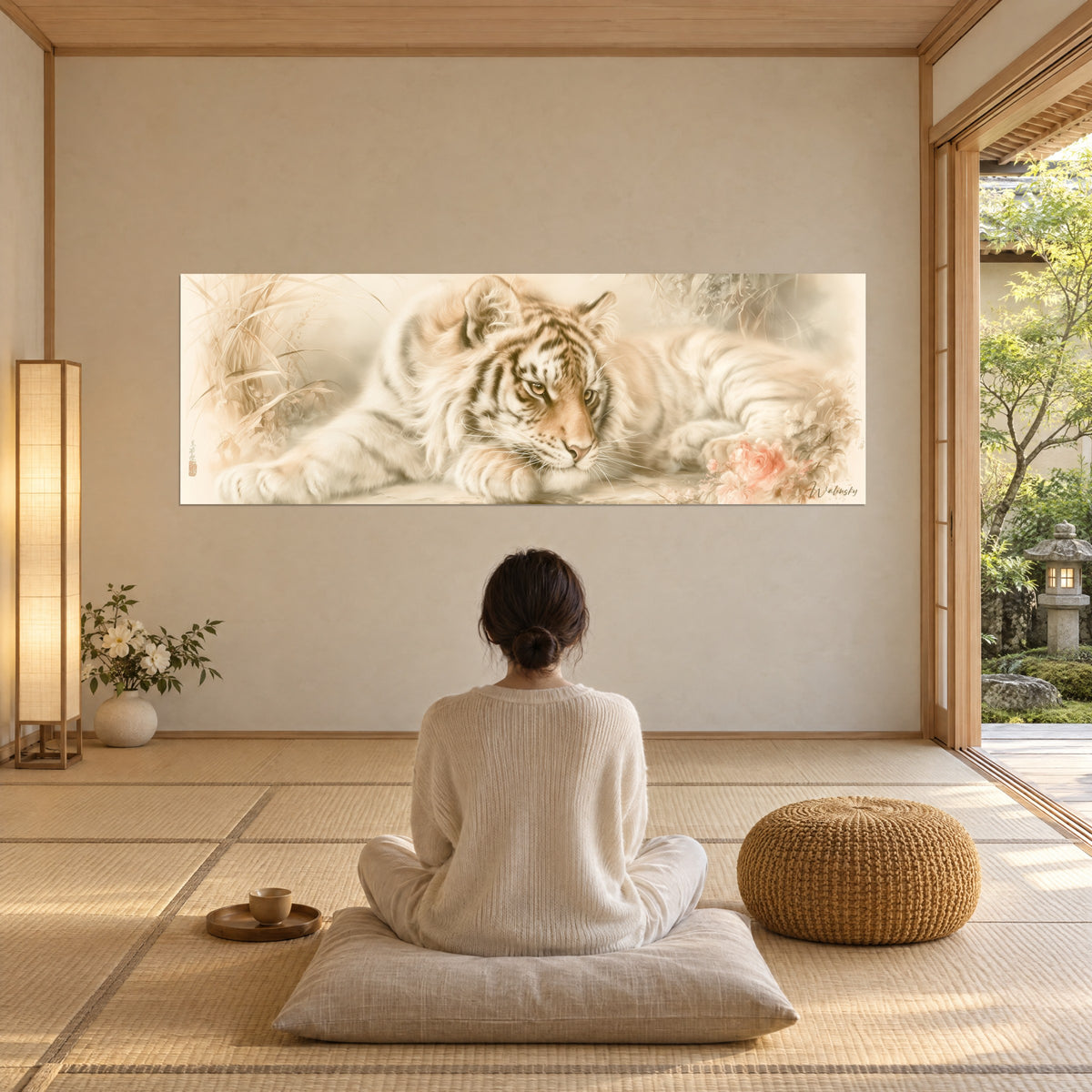 Quadro tigre assopita, pelo bianco striato di marrone, rose pallide in basso, contemplato di spalle da una donna seduta su un cuscino
