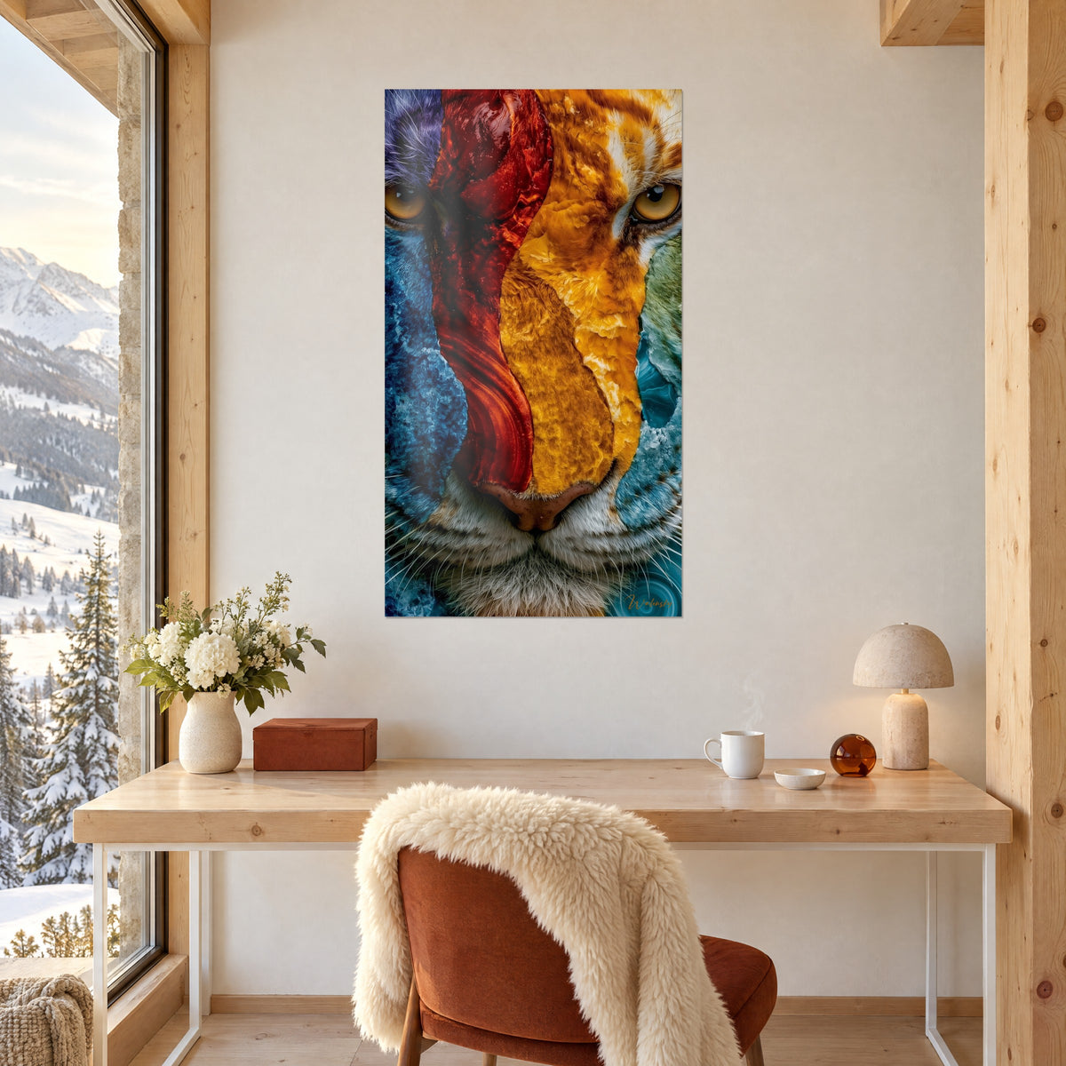 Tableau visage de tigre mosaïque, violet, rouge et bleu azur, au mur d'un bureau en bois clair près d'une fenêtre