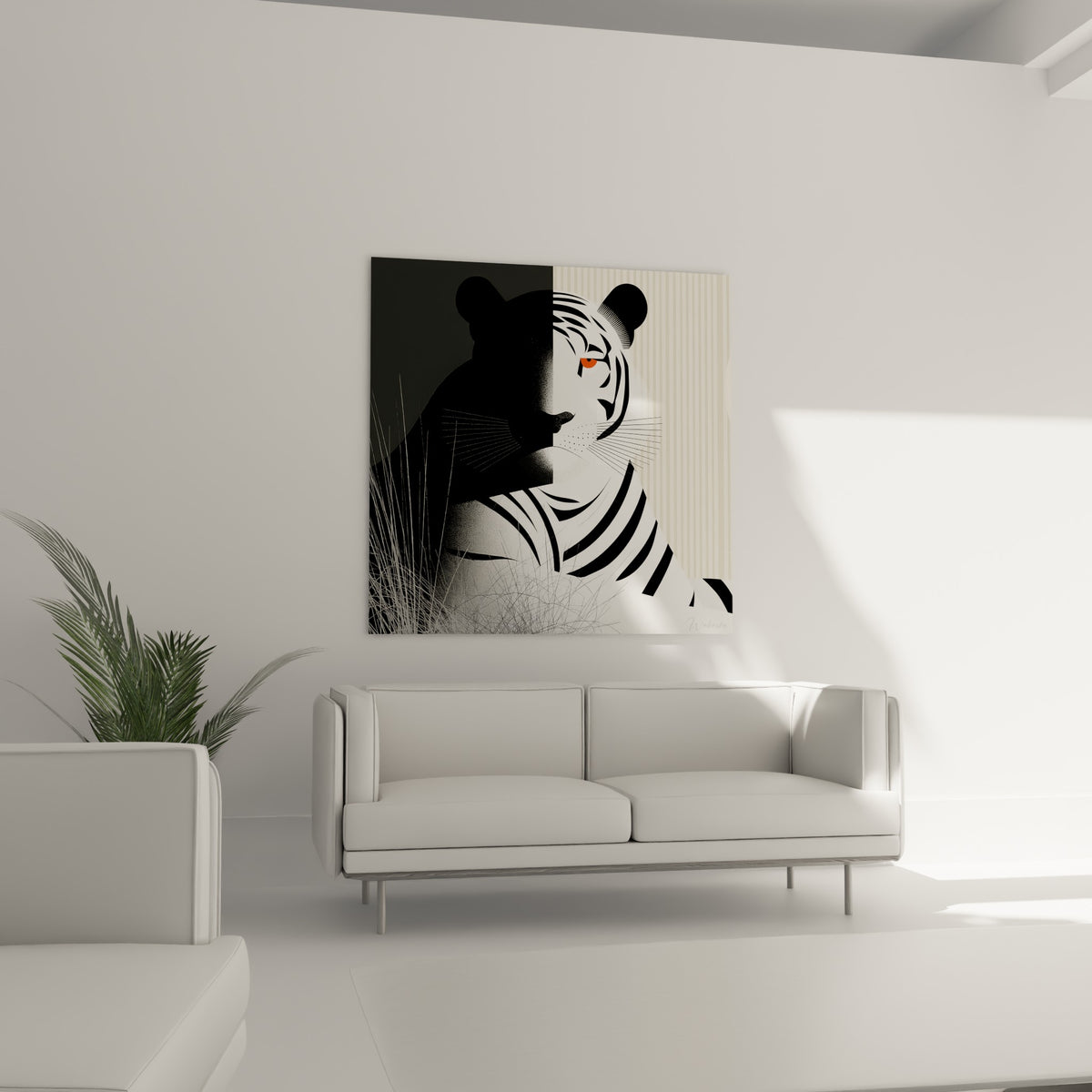 Portrait stylisé de tigre anthracite et blanc, œil orange vif, au-dessus d'un canapé dans un salon lumineux
