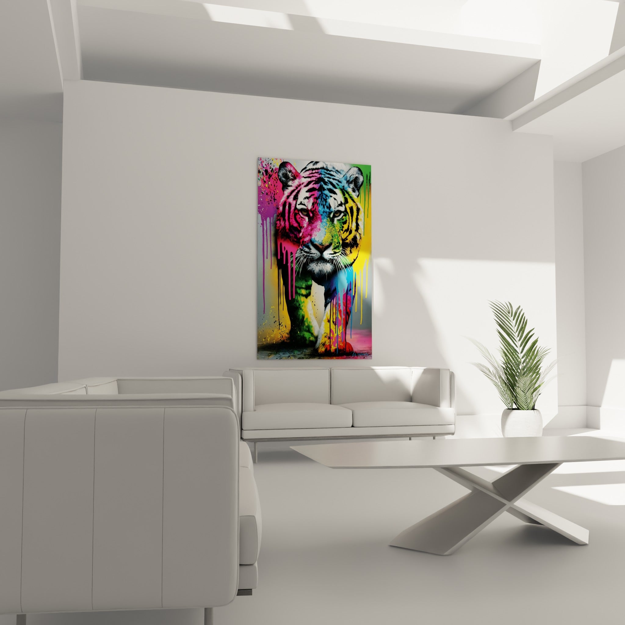 Tigre bicolore rose et bleu ciel, rayures noires marquées, accroché au-dessus d'un canapé dans un salon lumineux