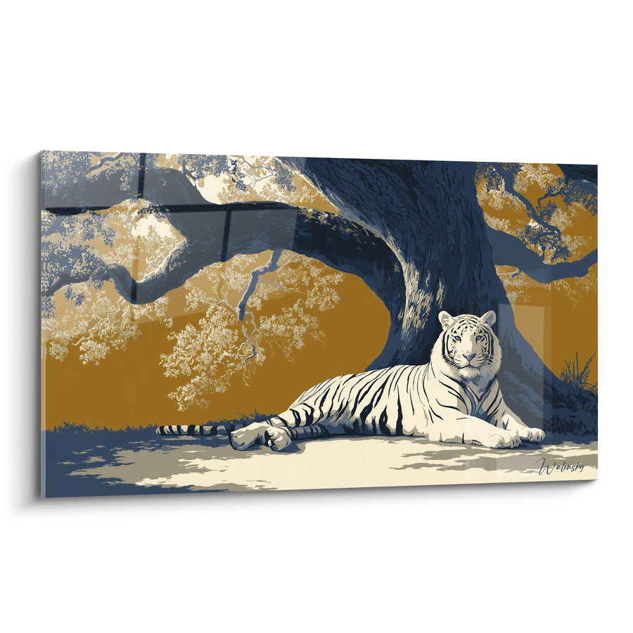 Tableau Tigre blanc allongé sous arbre majestueux aux tons dorés et bleu nuit - Sérénité sauvage - Edition Tigre