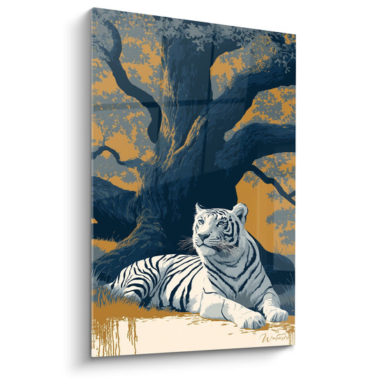 Tableau tigre blanc allongé sous arbre aux tons dorés et bleus style oriental zen
