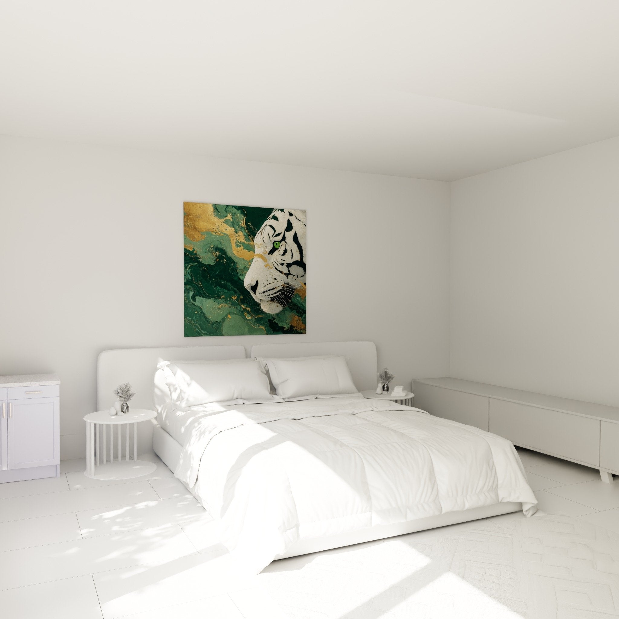 White tiger painting green eye in modern bedroom elegant wall art contemporary animal artwork