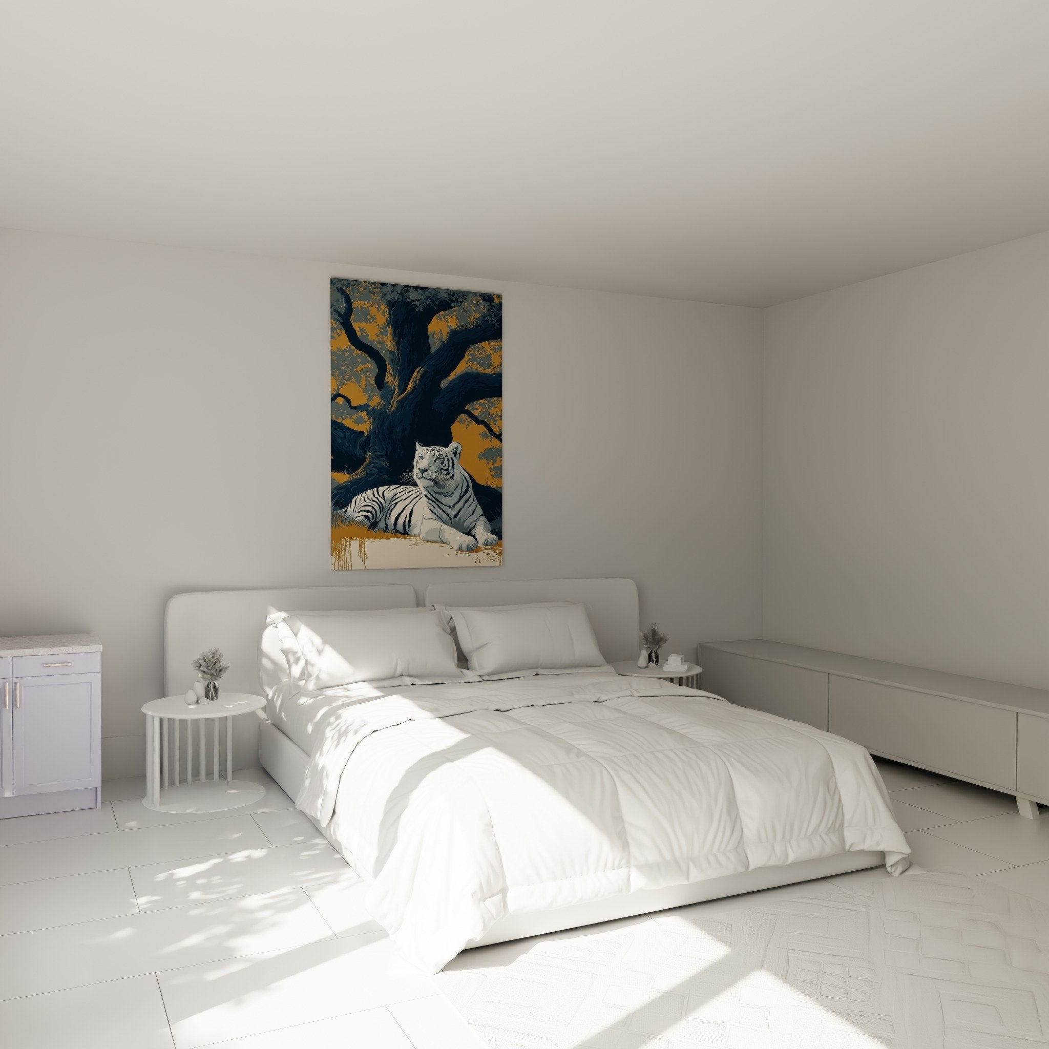 Weißer Tiger Gemälde ruhig Schlafzimmer zen Dekoration goldene blaue Töne serene Atmosphäre