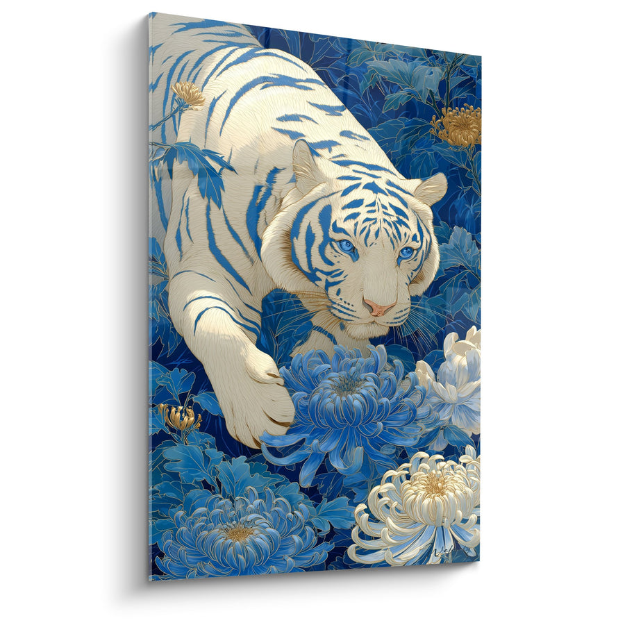Tableau Tigre Blanc aux Yeux Bleus dans Jardin de Chrysanthèmes - Majesté Florale - Edition Tigre