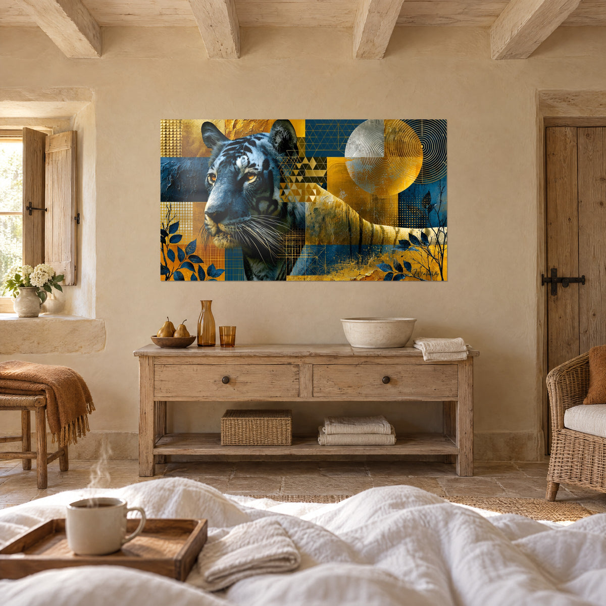 Wall art large blue-grey wild cat with white whiskers, golden circles and dark foliage, above a bed in a light bedroom