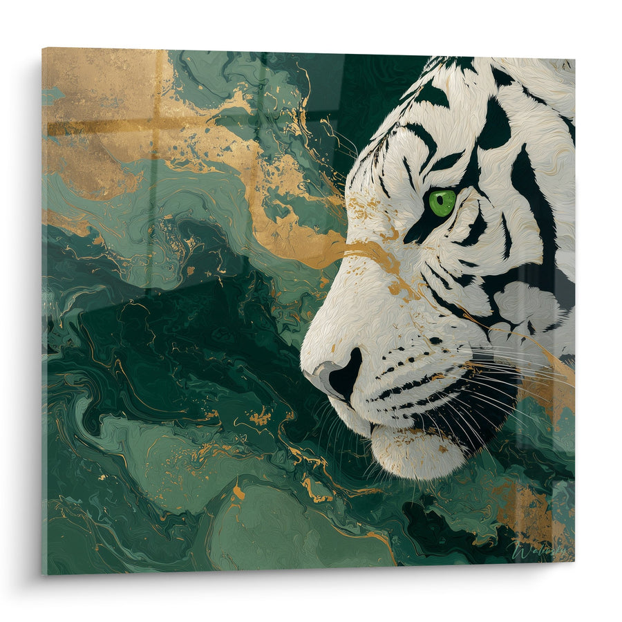 Tableau Tigre Blanc à l'Œil Vert sur Fond Marbré Émeraude et Or - Majesté Sauvage - Edition Tigre