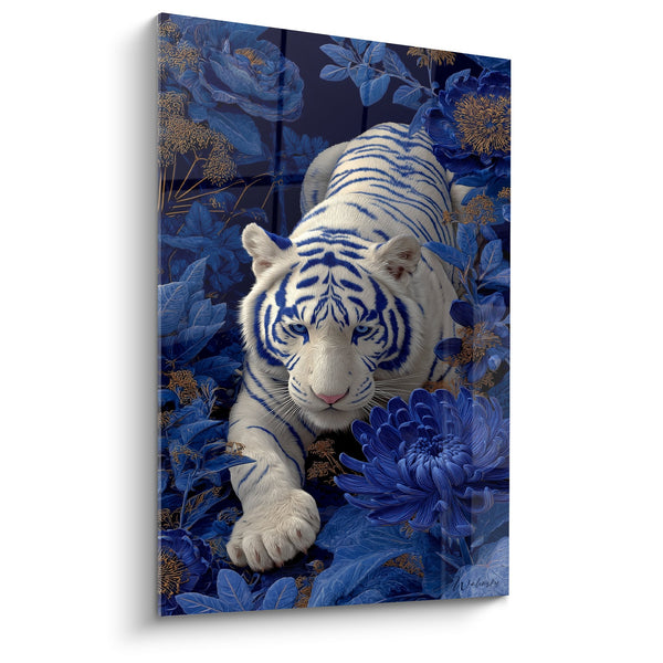 Schilderij Witte Tijger met Blauwe Ogen in een Tuin met Blauwe Pioenrozen - Bloemige Majesteit - Tijgereditie