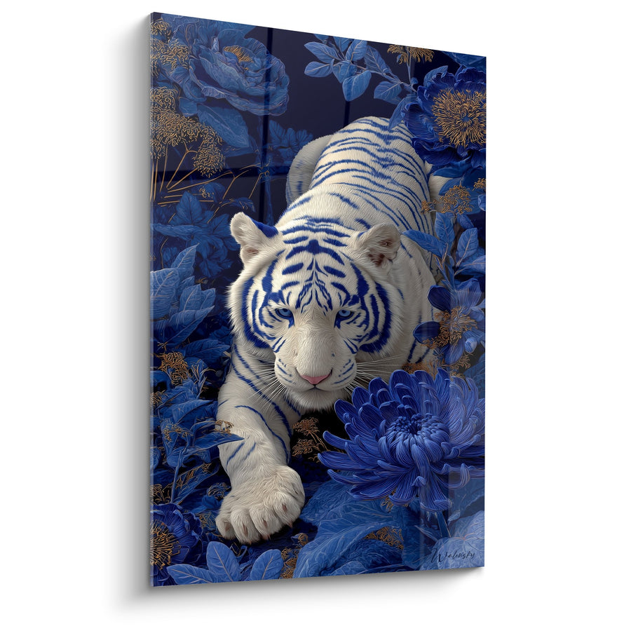 Tableau Tigre Blanc aux Yeux Bleus dans un Jardin de Pivoines Bleues - Majesté Florale - Edition Tigre