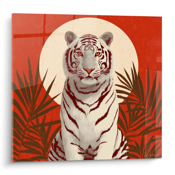 Tijger schilderij met witte vacht, rode strepen op een rode achtergrond met maan - Karmijn Majestat - Tigre Editie