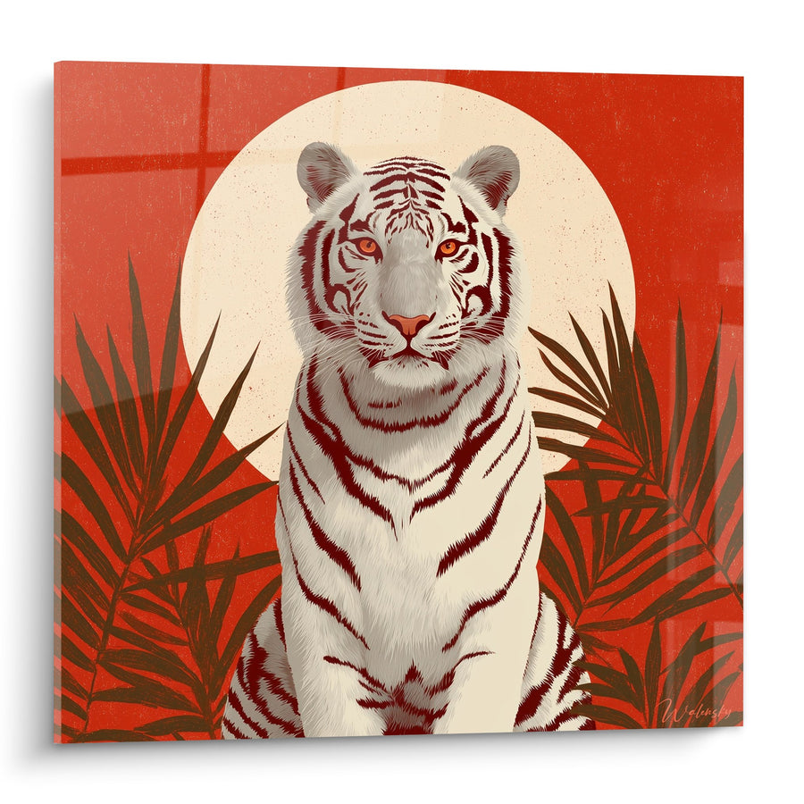 Tableau tigre blanc à rayures rouges sur fond rouge avec lune crème - Majesté Écarlate - Edition Tigre