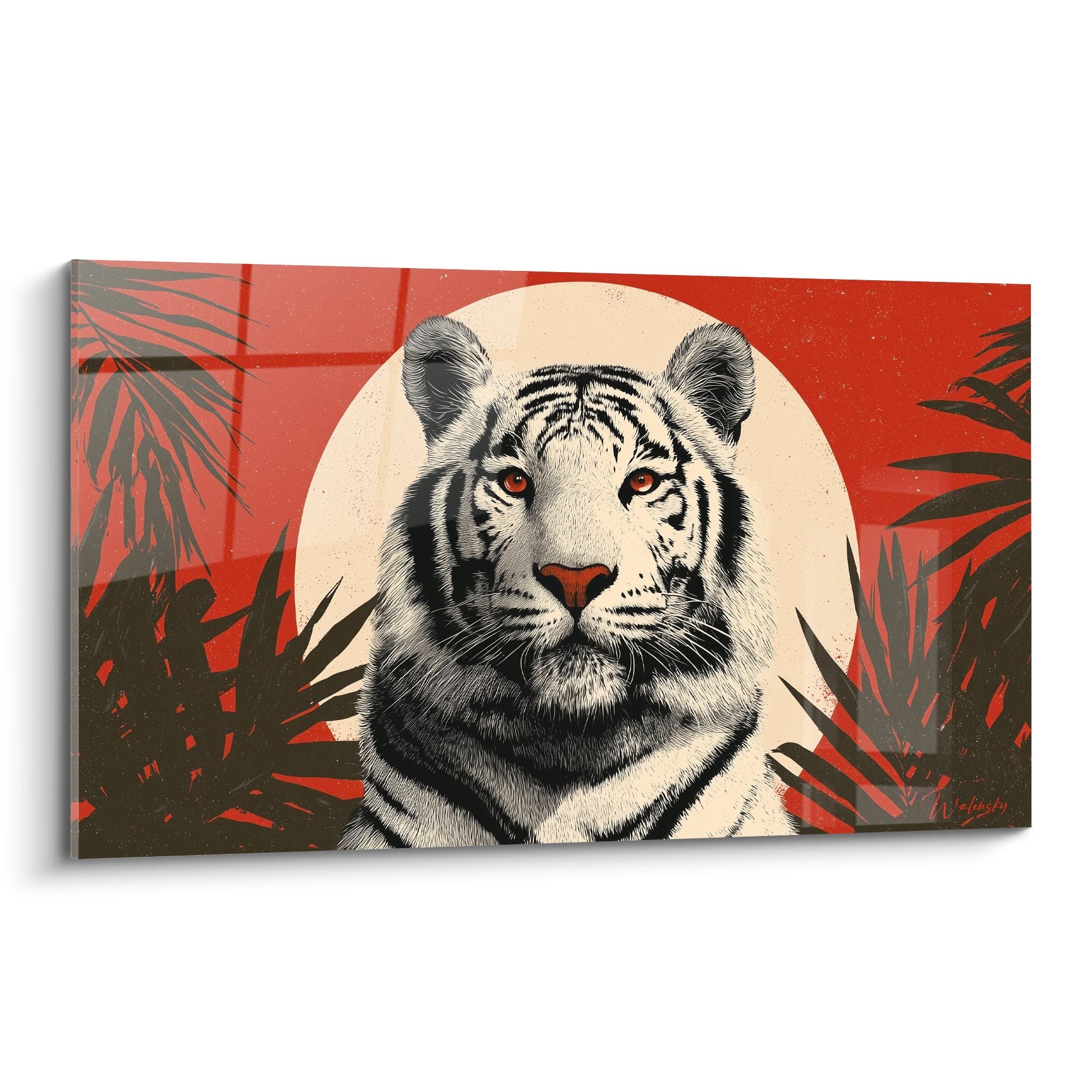 Weißer Tiger Gemälde intensiver orangefarbener Blick korallenroter Hintergrund tropische Palmen moderne Illustration