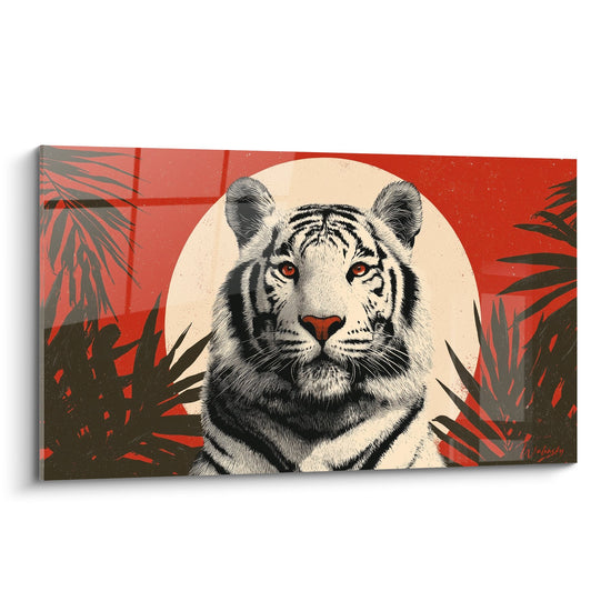 Cuadro Tigre Blanco Mirada Penetratnte Fondo Rojo y Palmeras Tropicales - Majestad Felina - Edición Tigre