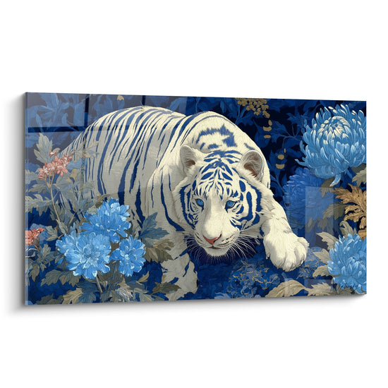 Cuadro Tigre Blanco con Ojos Azules sobre Fondo Floral Japonista - Majestad Azul - Edición Tigre