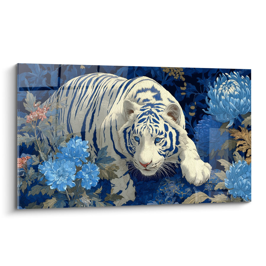 Tableau Tigre Blanc aux Yeux Bleus sur Fond Floral Japonisant - Majesté Azur - Edition Tigre