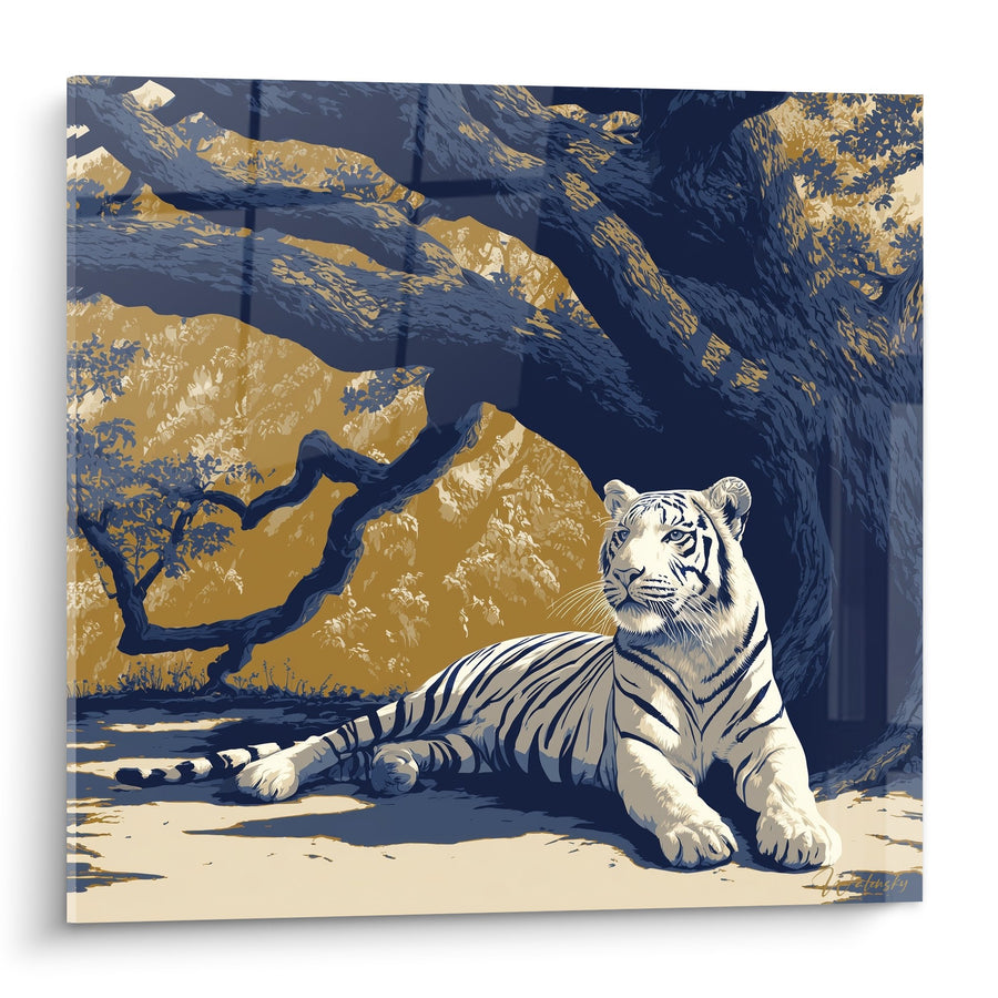 Tableau Tigre Blanc aux Yeux Bleus dans Paysage Rocheux Doré et Bleu - Majesté Sauvage - Edition Tigre