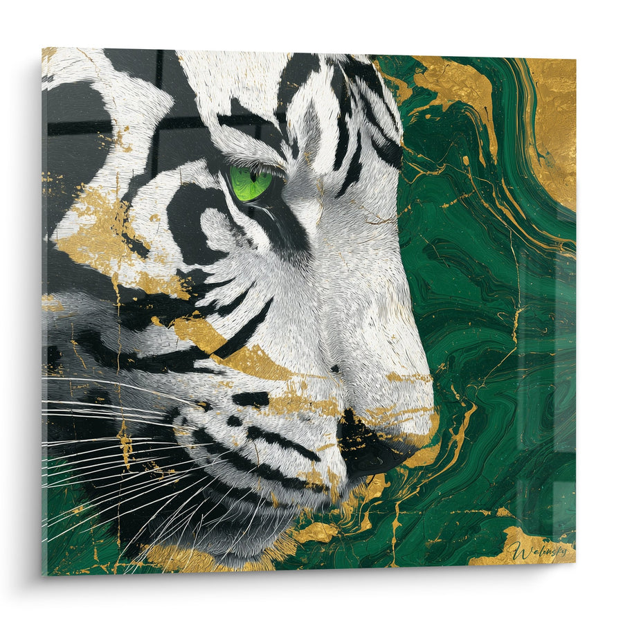 Tableau Portrait de Tigre Blanc aux Yeux Verts sur Fond Émeraude et Or - Majesté Sauvage - Edition Tigre
