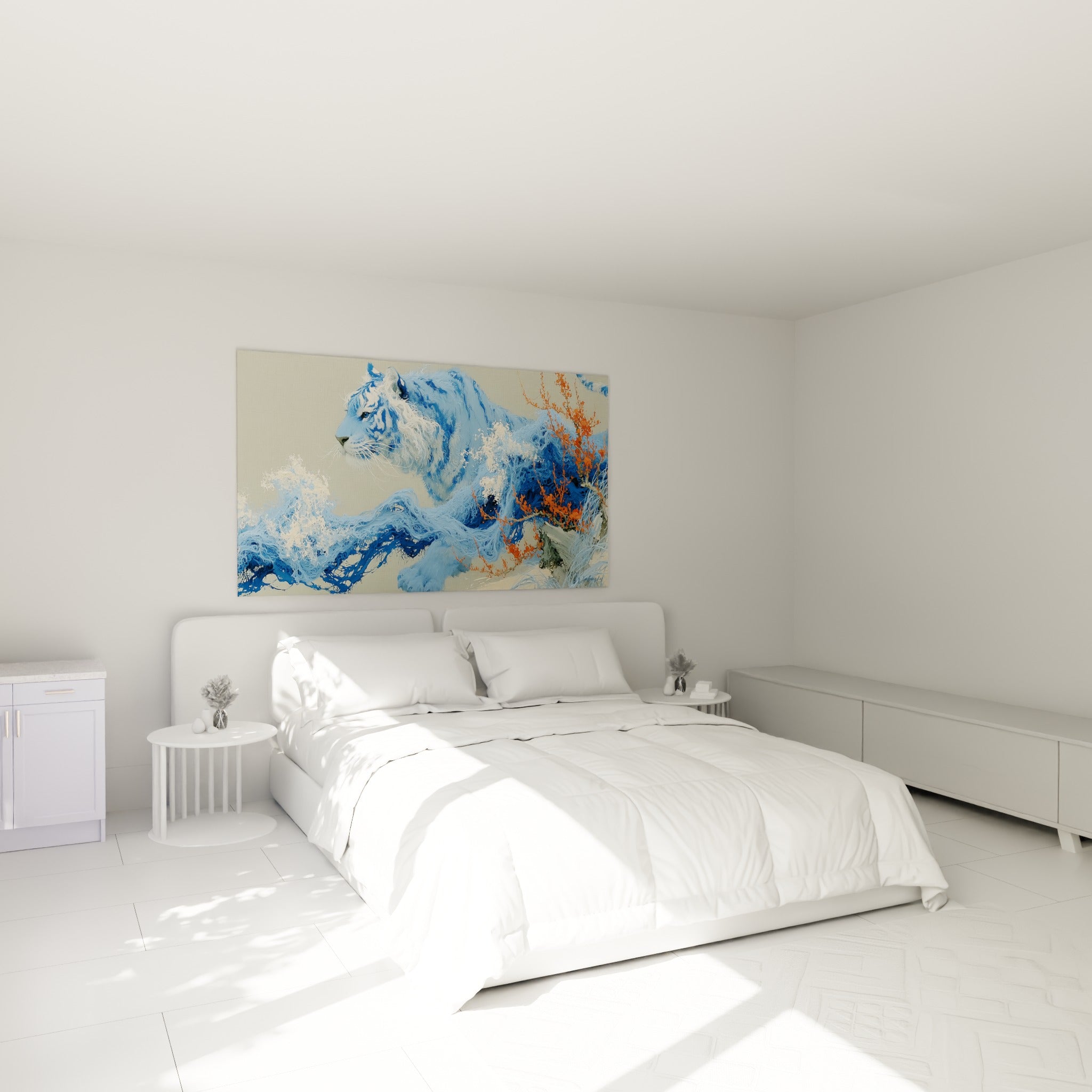 Félin bleu ciel et corail figé dans une vague texturée, accroché au-dessus d'un lit dans une chambre claire
