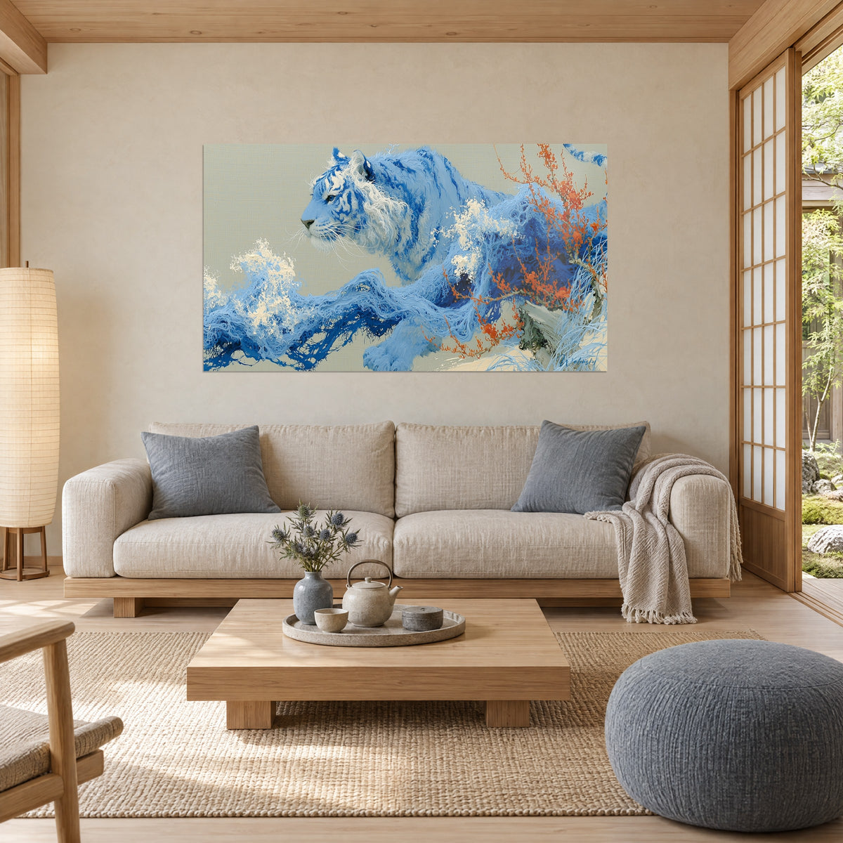 Cuadro Tigre azul cielo con rayas índigo, melena marfil y ramas coral, sobre un sofá en un salón luminoso