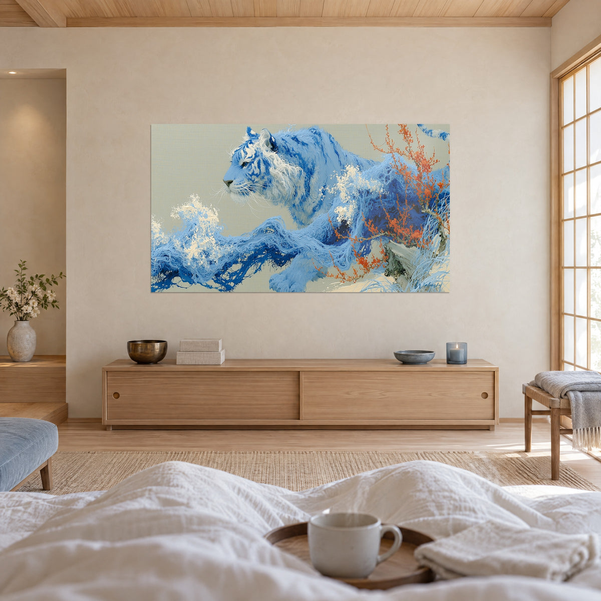 Cuadro Felino azul cobalto y blanco crema abrazando olas, ramaje coral, sobre una cama en un dormitorio luminoso
