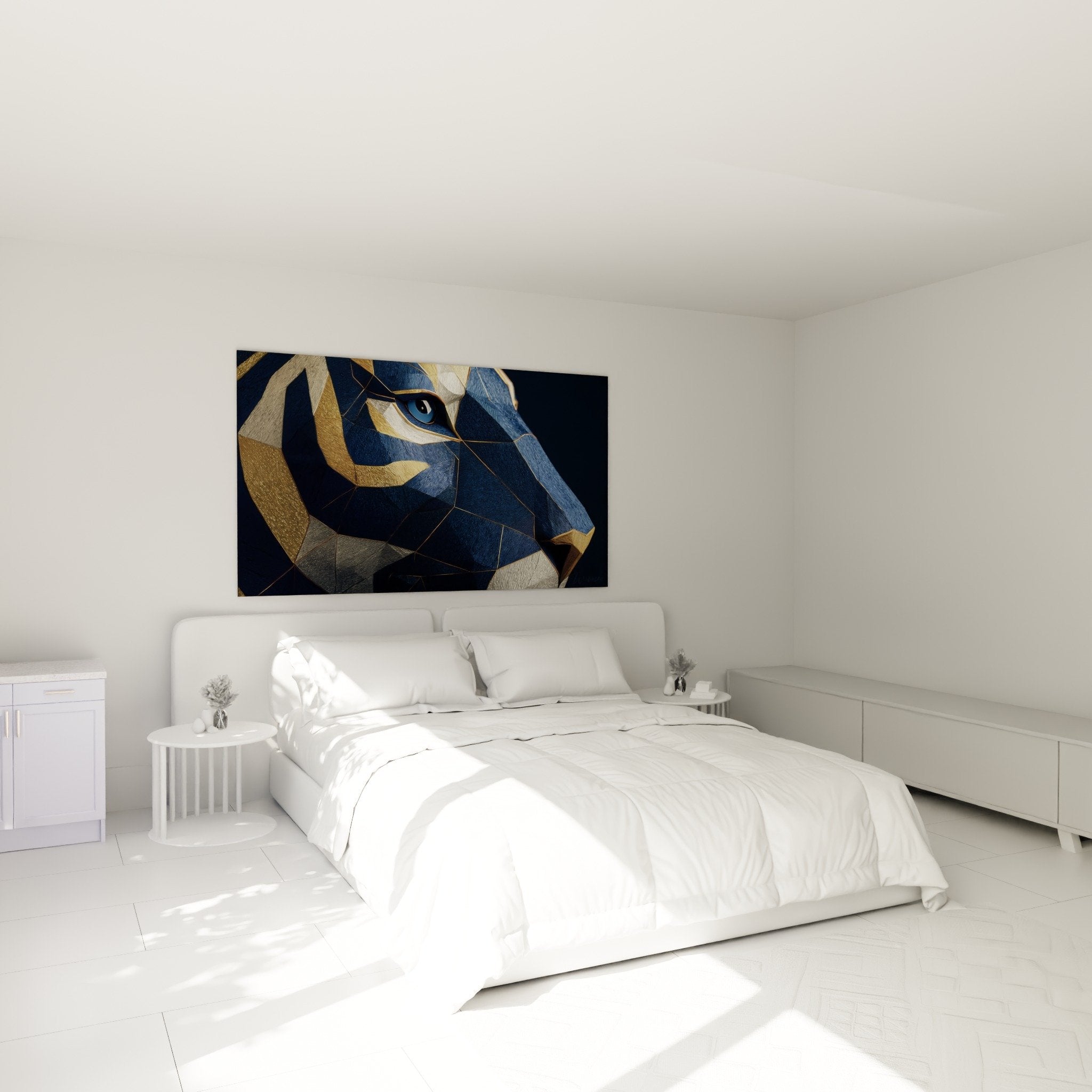 Blauer goldener Tiger Gemälde in modernem Schlafzimmer zeitgenössische Wanddekoration