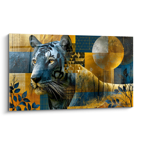 Tigre au pelage bleuté et doré, regard ambré, fond géométrique bleu marine et ocre