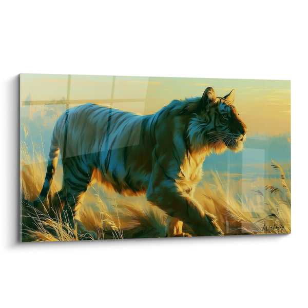 Tableau Tigre bleu et doré dans les hautes herbes - Traque au crépuscule - Edition Tigre