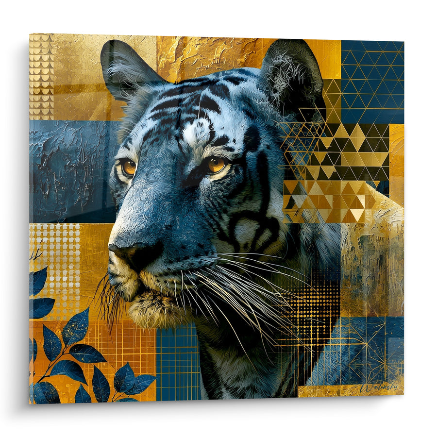 Tableau Tigre bleu et doré à motifs géométriques - Regard ambré gardien - Edition Tigre