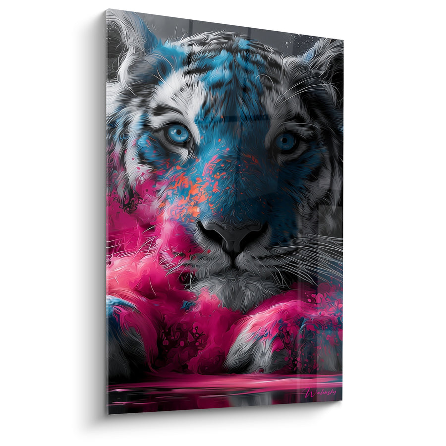 Tableau Tigre bleu et rose aux pattes croisées - Yeux bleus perçants - Edition Tigre