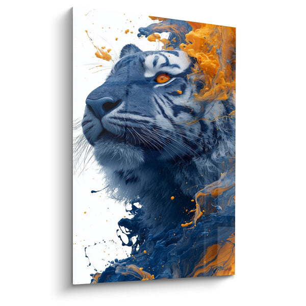 Schilderij Blauwe Tijger met Oranje Vlammen - Wilde Fusie - Tijger Editie