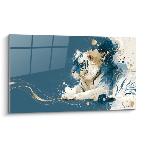 Tableau Tigre couché bleu et blanc aux volutes dorées - Reflet de fenêtre - Edition Tigre