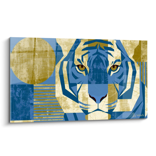 Tableau Tigre bleu et doré au disque solaire - Cercle et rayures géométriques - Edition Tigre