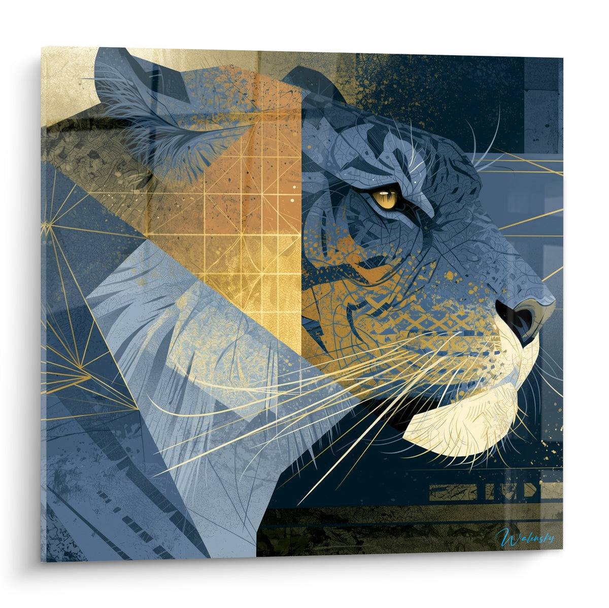 Tigre au regard doré fragmenté en motifs bleu marine et ocre, profil félin graphique et intense