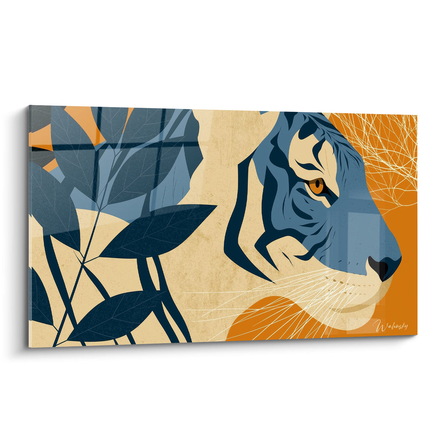 Tableau Tigre bleu marine et ocre aux feuillages graphiques - Guet silencieux - Edition Tigre