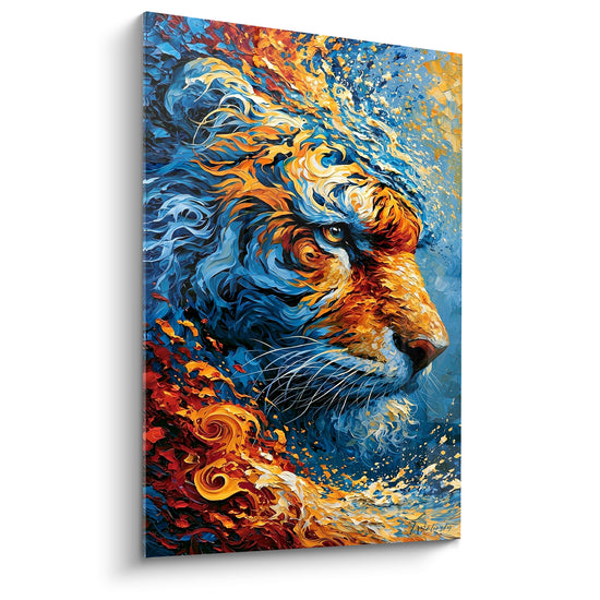 Tigre bleu marine et orange fauve peint en tourbillons expressifs, regard intense et museau blanc