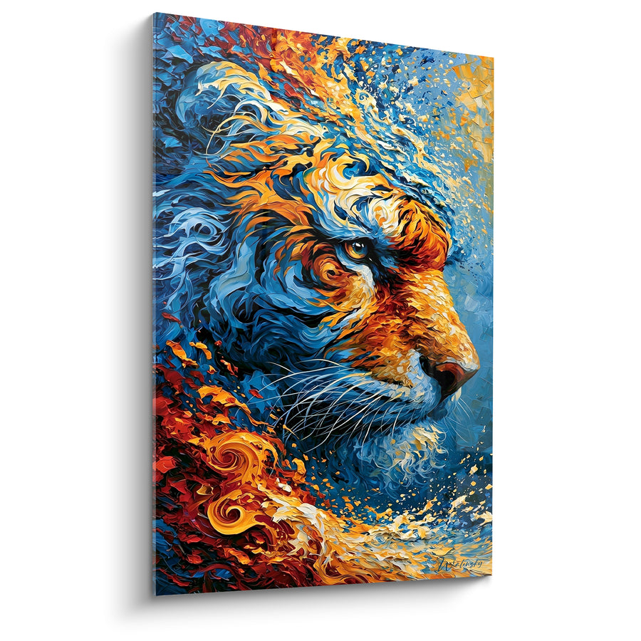 Tableau Tigre tourbillonnant bleu et orangé aux volutes de flammes - Fusion des éléments - Edition Tigre