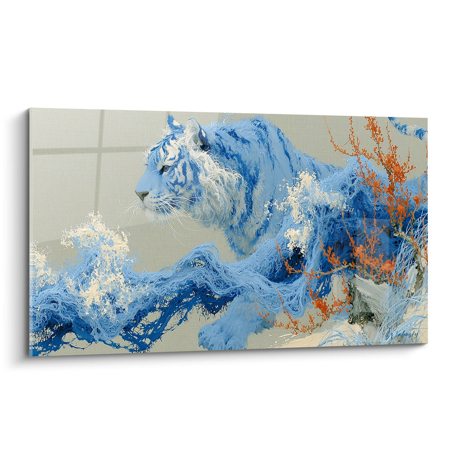 Tableau Tigre bleu et corail parmi les vagues - Onde figée - Edition Tigre
