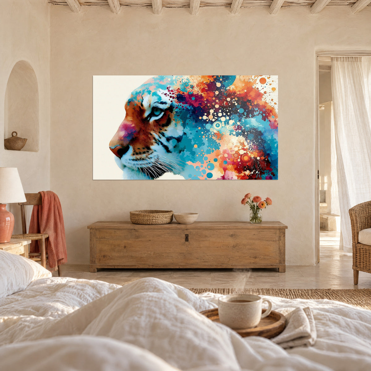 Tableau grand félin rayé aux éclaboussures bleu turquoise et orange vif, face à un lit en lin blanc, au-dessus d'un lit dans une chambre claire