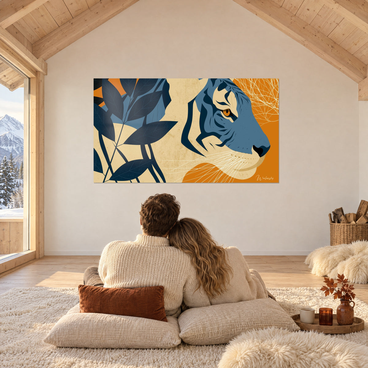 Wall art of a striped tiger profile in navy on orange and sand tones, dark foliage, admired by a couple under the rafters