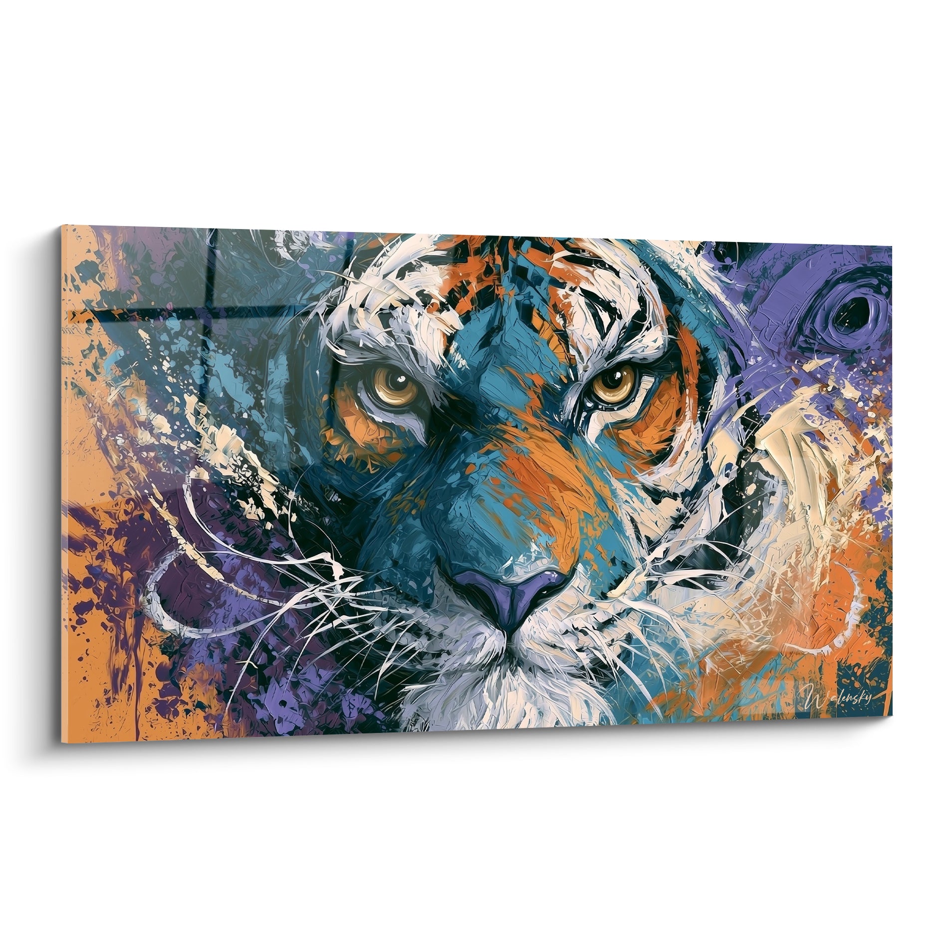 Tigre au regard ambré, visage bleu pétrole et orange fauve éclaté de touches violettes et blanches