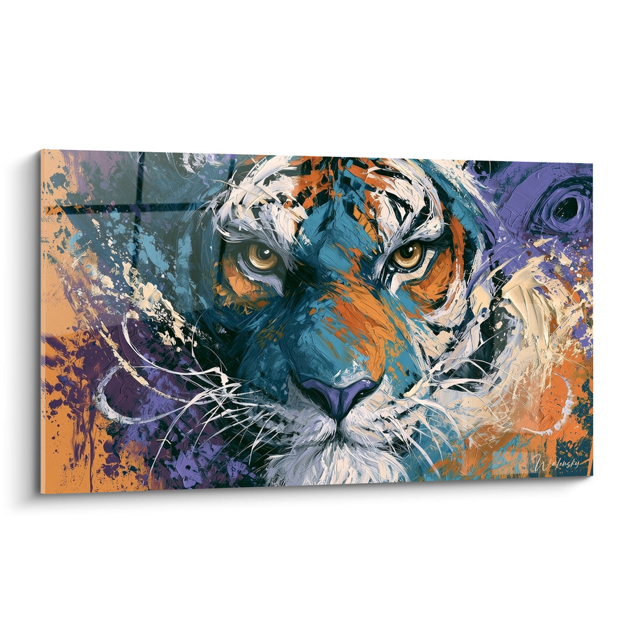 Tableau Tigre bleu et orange aux éclaboussures violettes - Regard fauve électrique - Edition Tigre